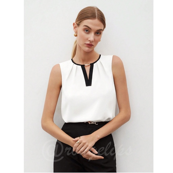 White Sleeveless Blouse Top Black V-Neck Trim Gold Embellishment Detail - Picture 5 of 11